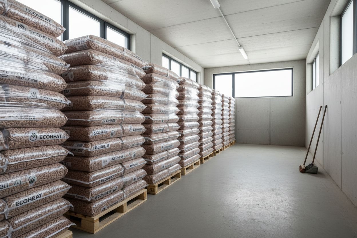 Sacs de pellets empilés dans un espace de stockage