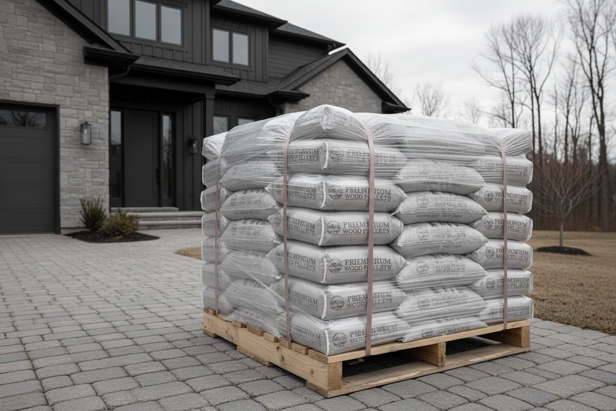 Palette de sacs de pellets livrée devant une maison