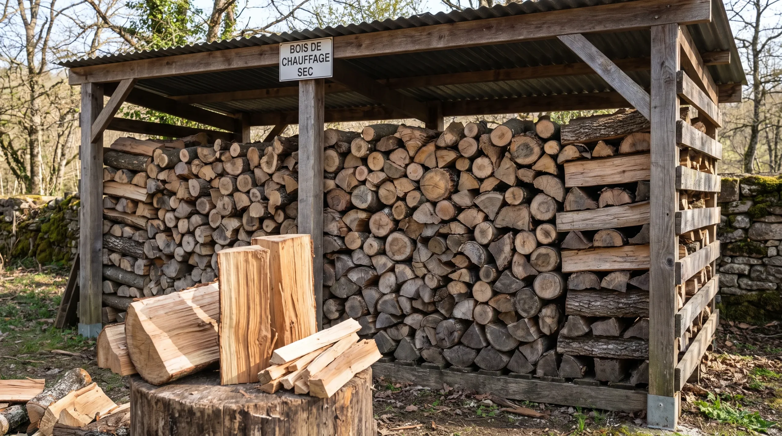 Pile de bûches sèches de feuillus durs rangées sous un abri ventilé, avec quelques bûches fendues au premier plan pour choisir un bois de chauffage adapté.