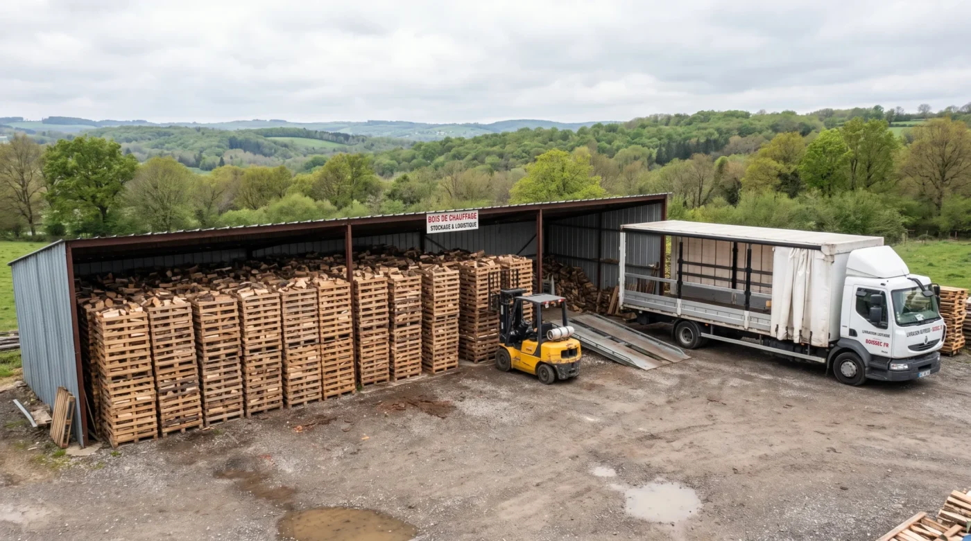 Une cour de bois de chauffage avec des palettes de bûches, un chariot élévateur et un camion de livraison en attente.